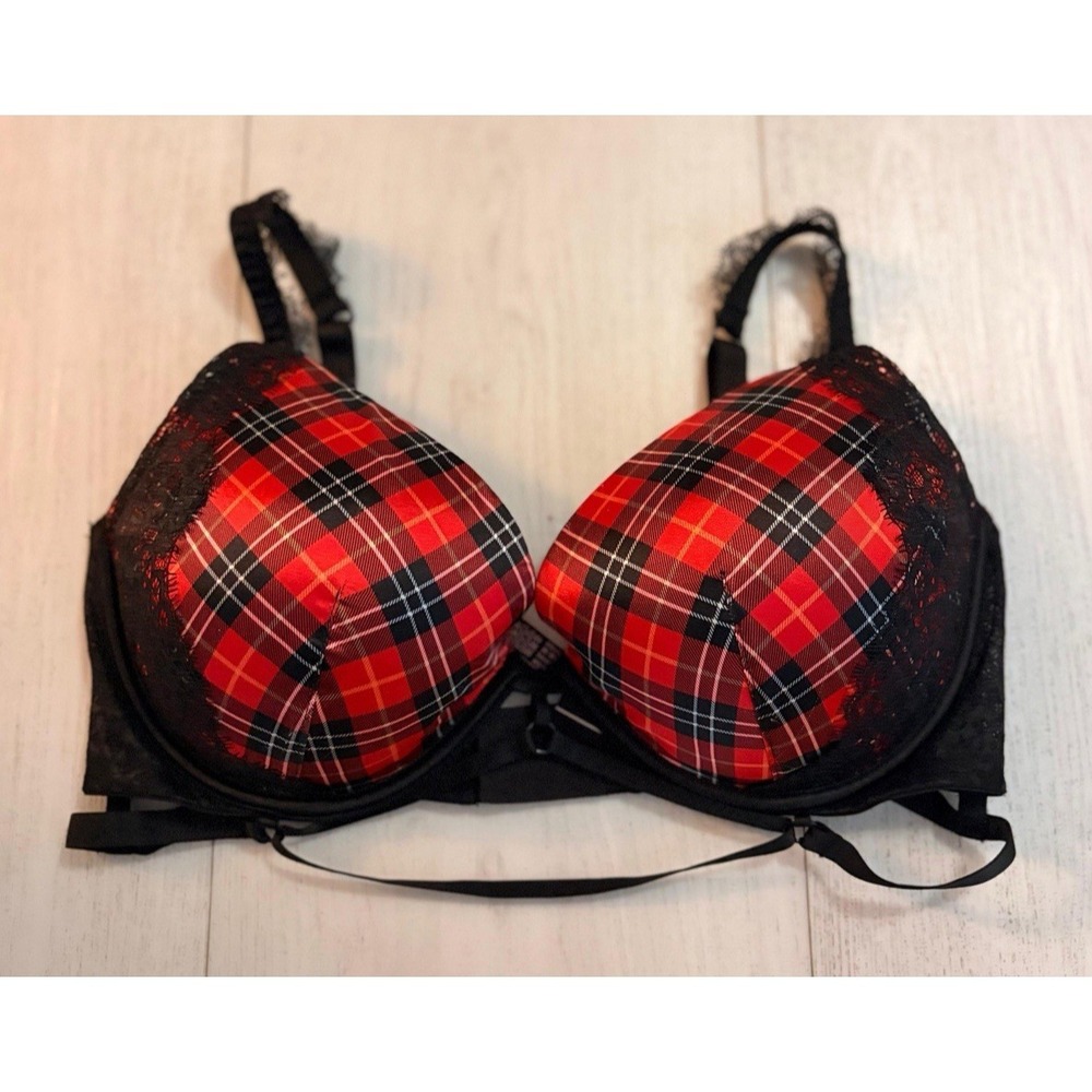 Victoria's Secret Very Sexy Plunge Bra Sz 36DD Plaid Red Black EUC